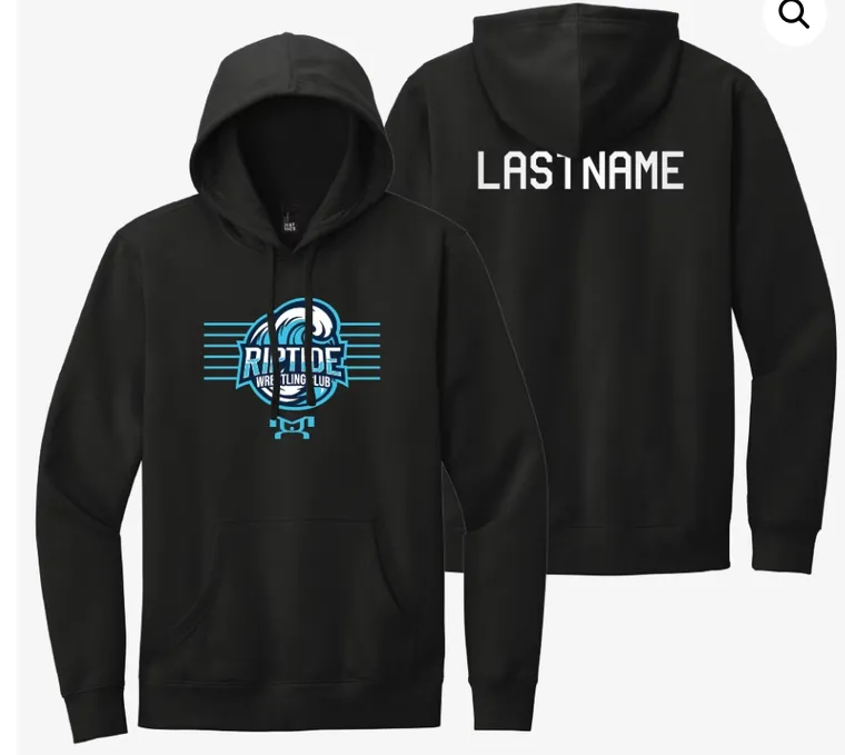 Black Riptide Wrestling Club team hoodie, shown front and back